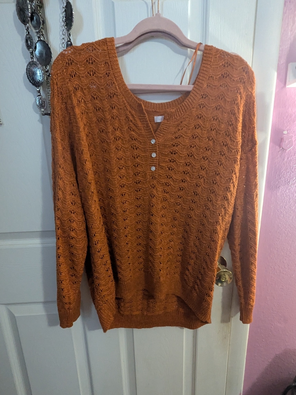 LC Lauren Conrad Open-Knit V-Neck Henley Sweater - Rust Orange